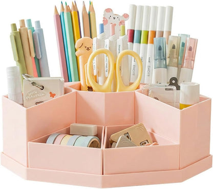 360 Degree Rotating Desk Organizer Caddy with 9 Compartments, Large Capacity Detachable Pencil Holder for Desk, Multifunctional Desktop Storage for Office, School, Home, Dressing Table, White