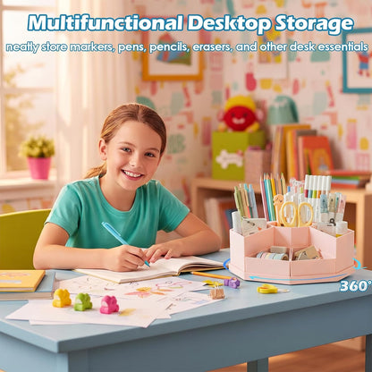 360 Degree Rotating Desk Organizer Caddy with 9 Compartments, Large Capacity Detachable Pencil Holder for Desk, Multifunctional Desktop Storage for Office, School, Home, Dressing Table, White