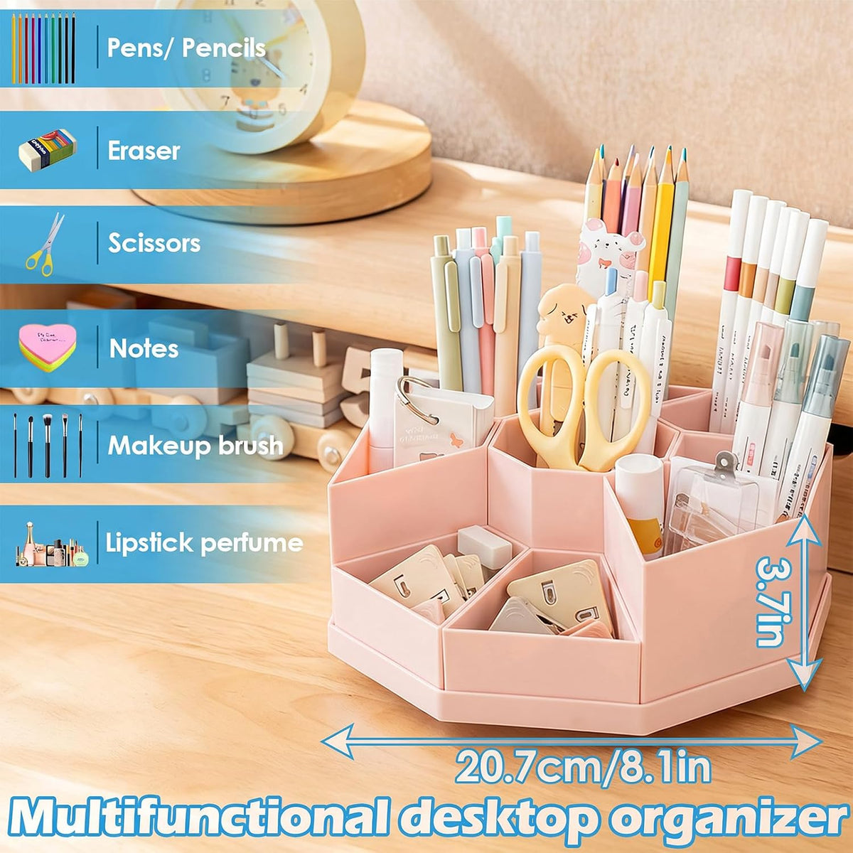 360 Degree Rotating Desk Organizer Caddy with 9 Compartments, Large Capacity Detachable Pencil Holder for Desk, Multifunctional Desktop Storage for Office, School, Home, Dressing Table, White