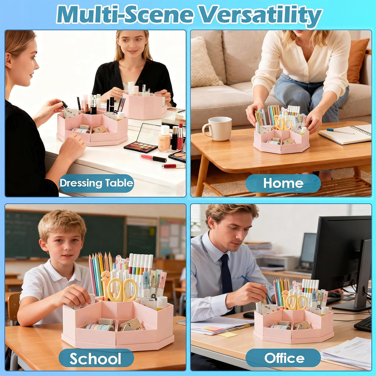 360 Degree Rotating Desk Organizer Caddy with 9 Compartments, Large Capacity Detachable Pencil Holder for Desk, Multifunctional Desktop Storage for Office, School, Home, Dressing Table, White