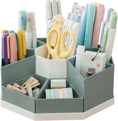 360 Degree Rotating Desk Organizer Caddy with 9 Compartments, Large Capacity Detachable Pencil Holder for Desk, Multifunctional Desktop Storage for Office, School, Home, Dressing Table, White