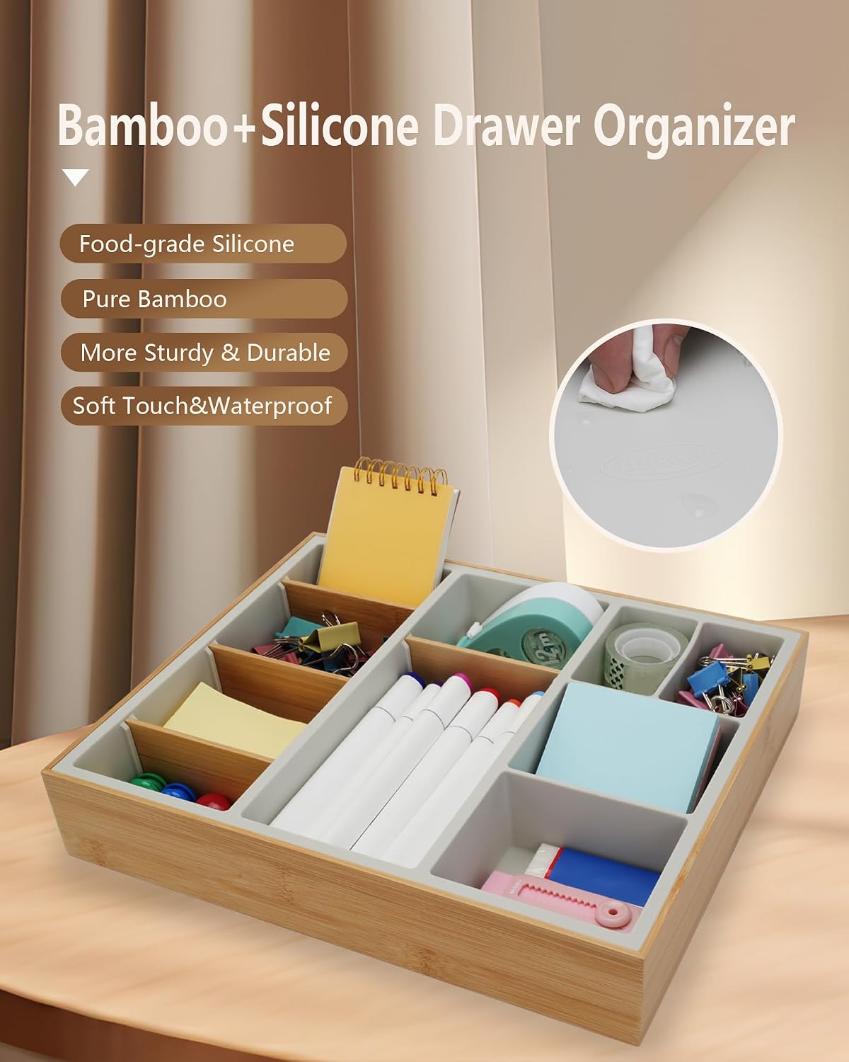 Bamboo Desk Drawer Organizer Tray, Silicone Sturdy Junk Drawer Organizer with 10 Adjustable Compartments, Desk Organizers and Accessories with 4 Removable Dividers for Office Home (White)