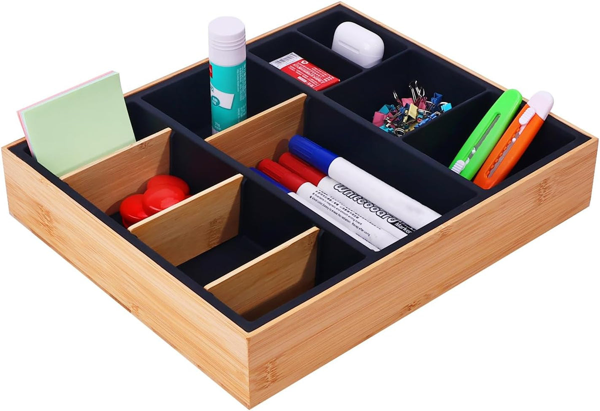 Bamboo Desk Drawer Organizer Tray, Silicone Sturdy Junk Drawer Organizer with 10 Adjustable Compartments, Desk Organizers and Accessories with 4 Removable Dividers for Office Home (White)