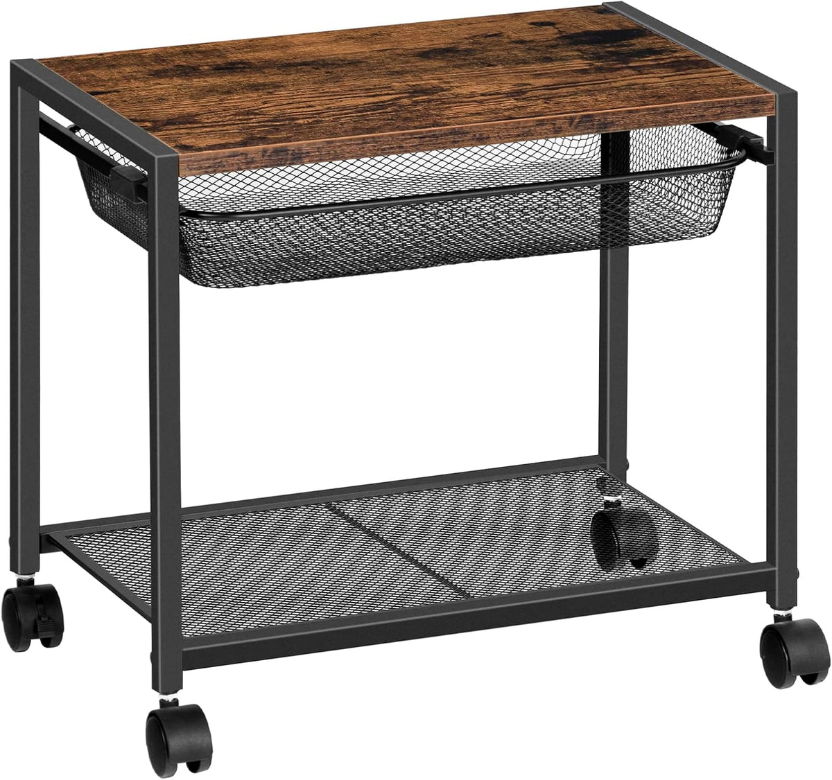 Under Desk Printer Stand, Industrial Printer Cart with Storage Shelf, 2-Tier Mobile Printer Table on Wheels, Heavy Duty Machine Storage Rack for Office and Home Rustic Brown + Black BF12PS01