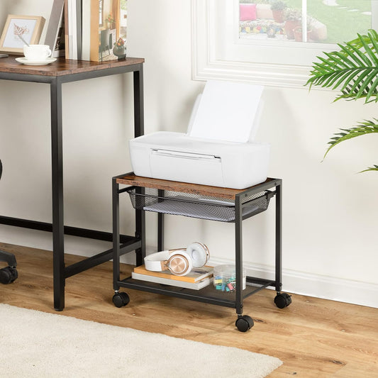 Under Desk Printer Stand, Industrial Printer Cart with Storage Shelf, 2-Tier Mobile Printer Table on Wheels, Heavy Duty Machine Storage Rack for Office and Home Rustic Brown + Black BF12PS01