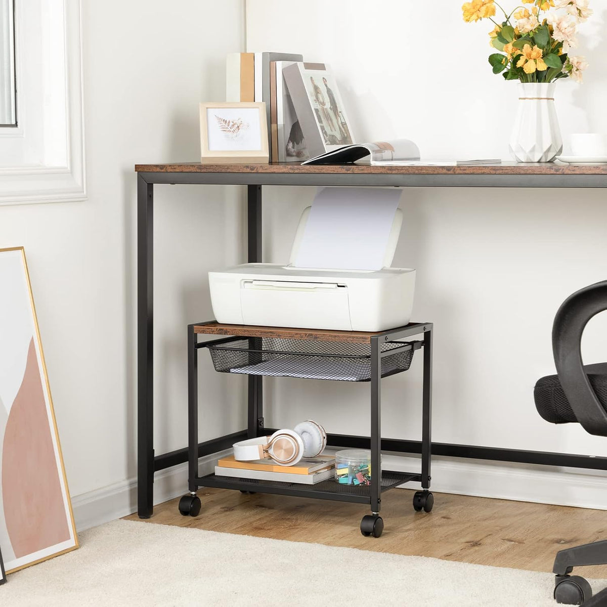 Under Desk Printer Stand, Industrial Printer Cart with Storage Shelf, 2-Tier Mobile Printer Table on Wheels, Heavy Duty Machine Storage Rack for Office and Home Rustic Brown + Black BF12PS01