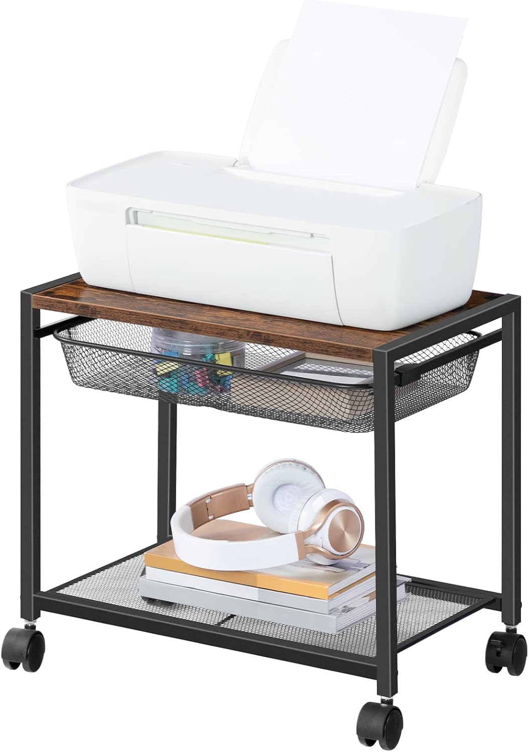 Under Desk Printer Stand, Industrial Printer Cart with Storage Shelf, 2-Tier Mobile Printer Table on Wheels, Heavy Duty Machine Storage Rack for Office and Home Rustic Brown + Black BF12PS01