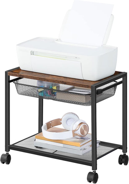 Under Desk Printer Stand, Industrial Printer Cart with Storage Shelf, 2-Tier Mobile Printer Table on Wheels, Heavy Duty Machine Storage Rack for Office and Home Rustic Brown + Black BF12PS01