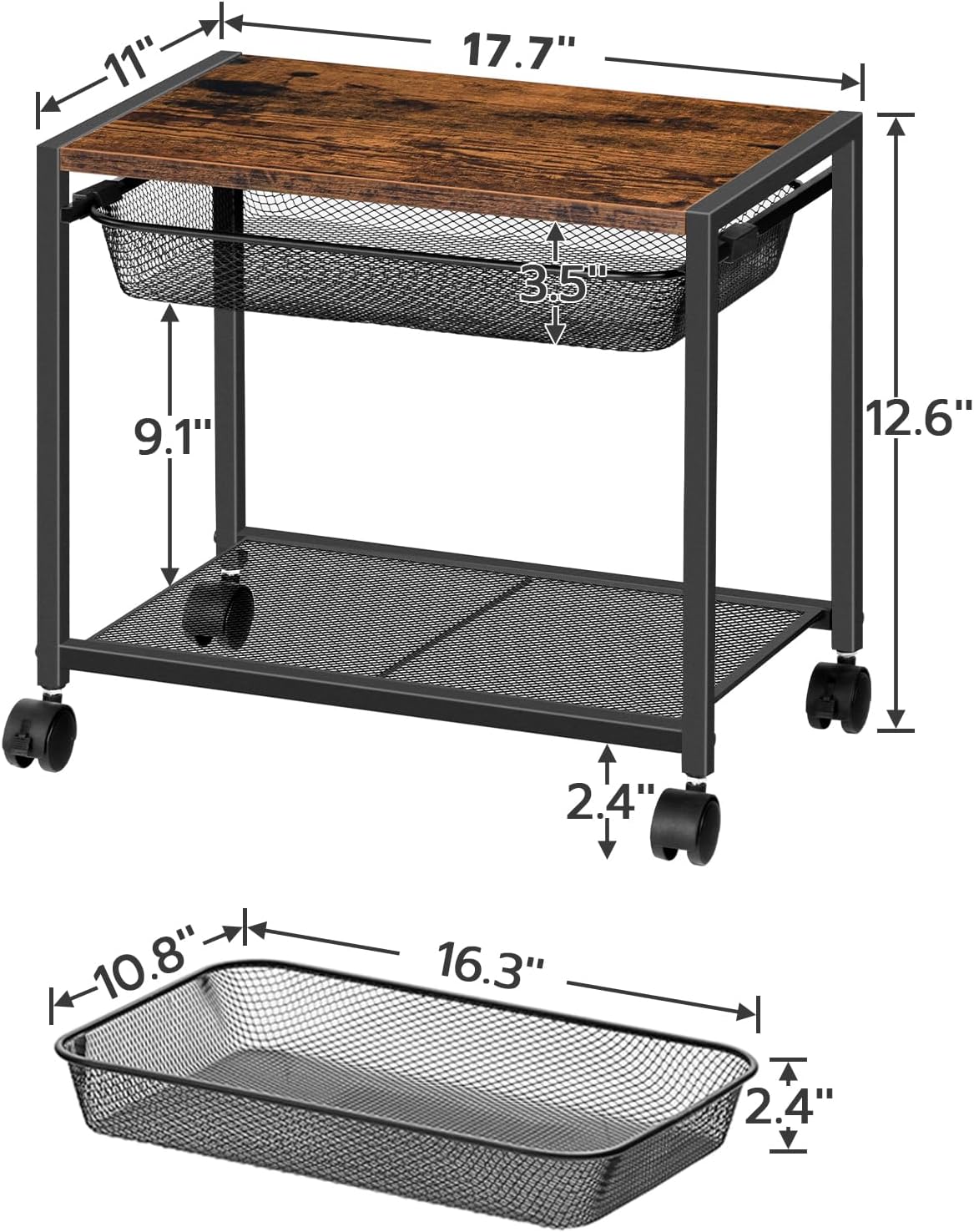 Under Desk Printer Stand, Industrial Printer Cart with Storage Shelf, 2-Tier Mobile Printer Table on Wheels, Heavy Duty Machine Storage Rack for Office and Home Rustic Brown + Black BF12PS01