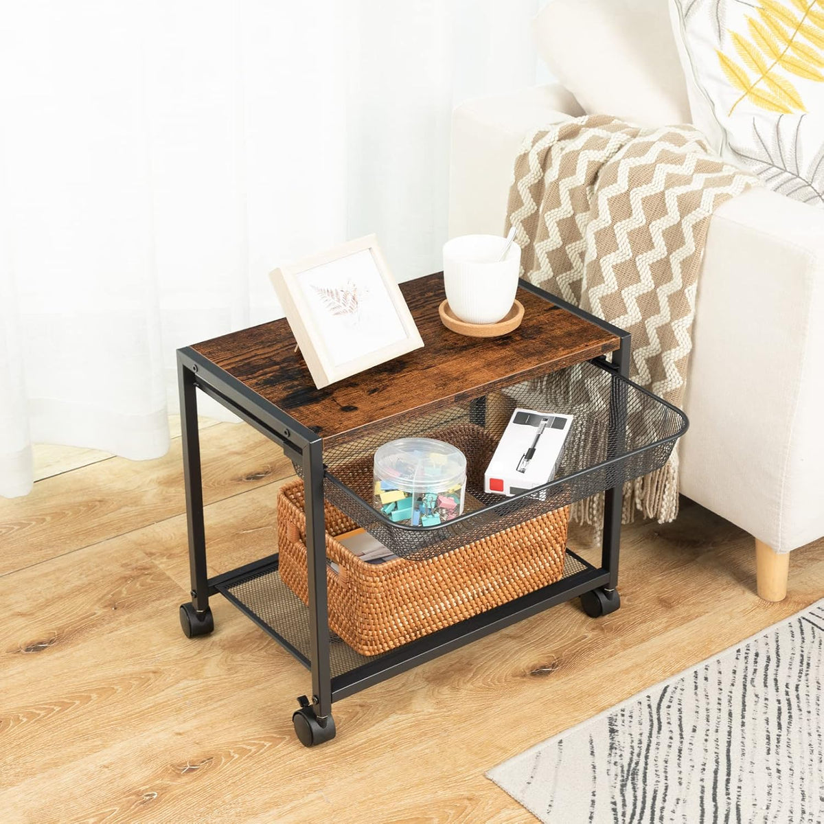 Under Desk Printer Stand, Industrial Printer Cart with Storage Shelf, 2-Tier Mobile Printer Table on Wheels, Heavy Duty Machine Storage Rack for Office and Home Rustic Brown + Black BF12PS01