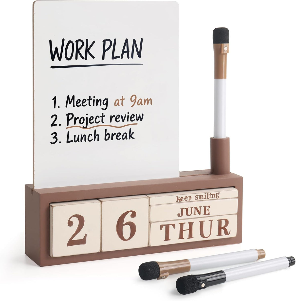 Wooden Block Desk Calendar with Dry Erase White Board, Brown