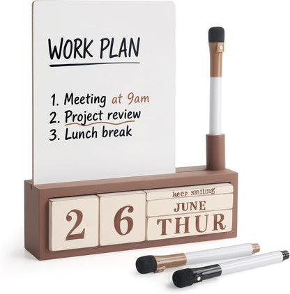 Wooden Block Desk Calendar with Dry Erase White Board, Brown