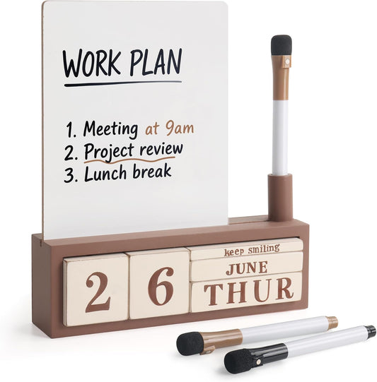 Wooden Block Desk Calendar with Dry Erase White Board, Brown