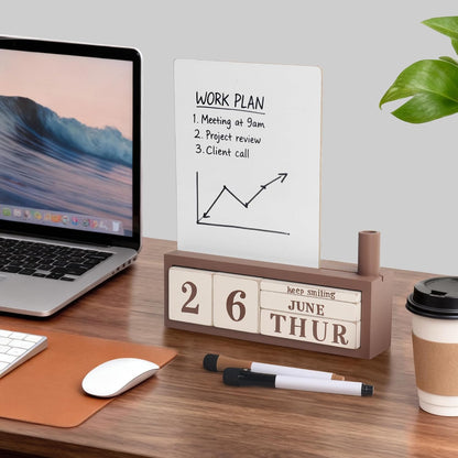 Wooden Block Desk Calendar with Dry Erase White Board, Brown