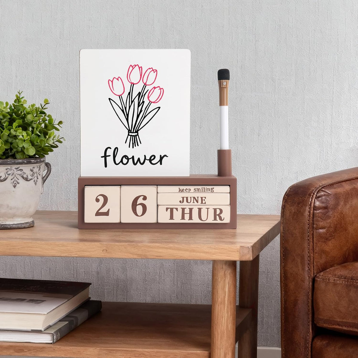 Wooden Block Desk Calendar with Dry Erase White Board, Brown