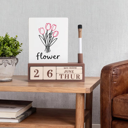 Wooden Block Desk Calendar with Dry Erase White Board, Brown