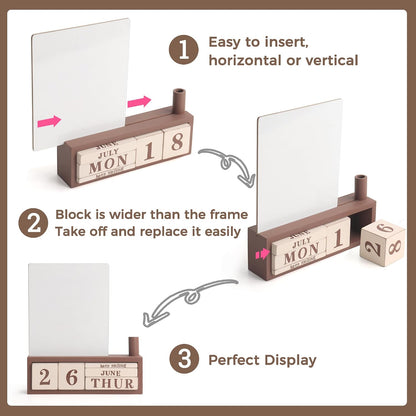 Wooden Block Desk Calendar with Dry Erase White Board, Brown