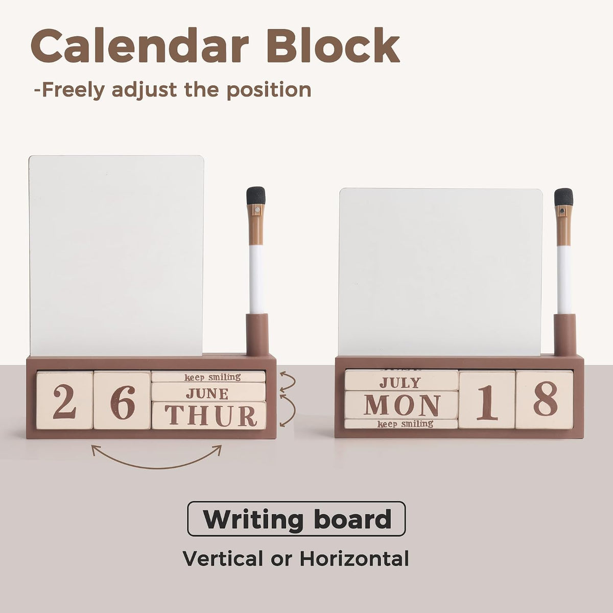 Wooden Block Desk Calendar with Dry Erase White Board, Brown