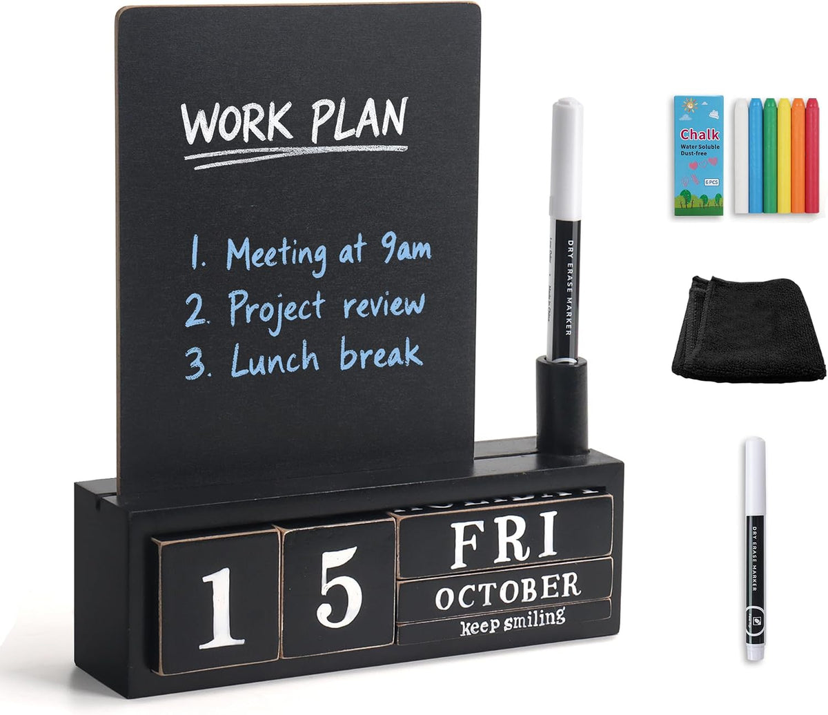 Wooden Block Desk Calendar with Dry Erase White Board, Brown