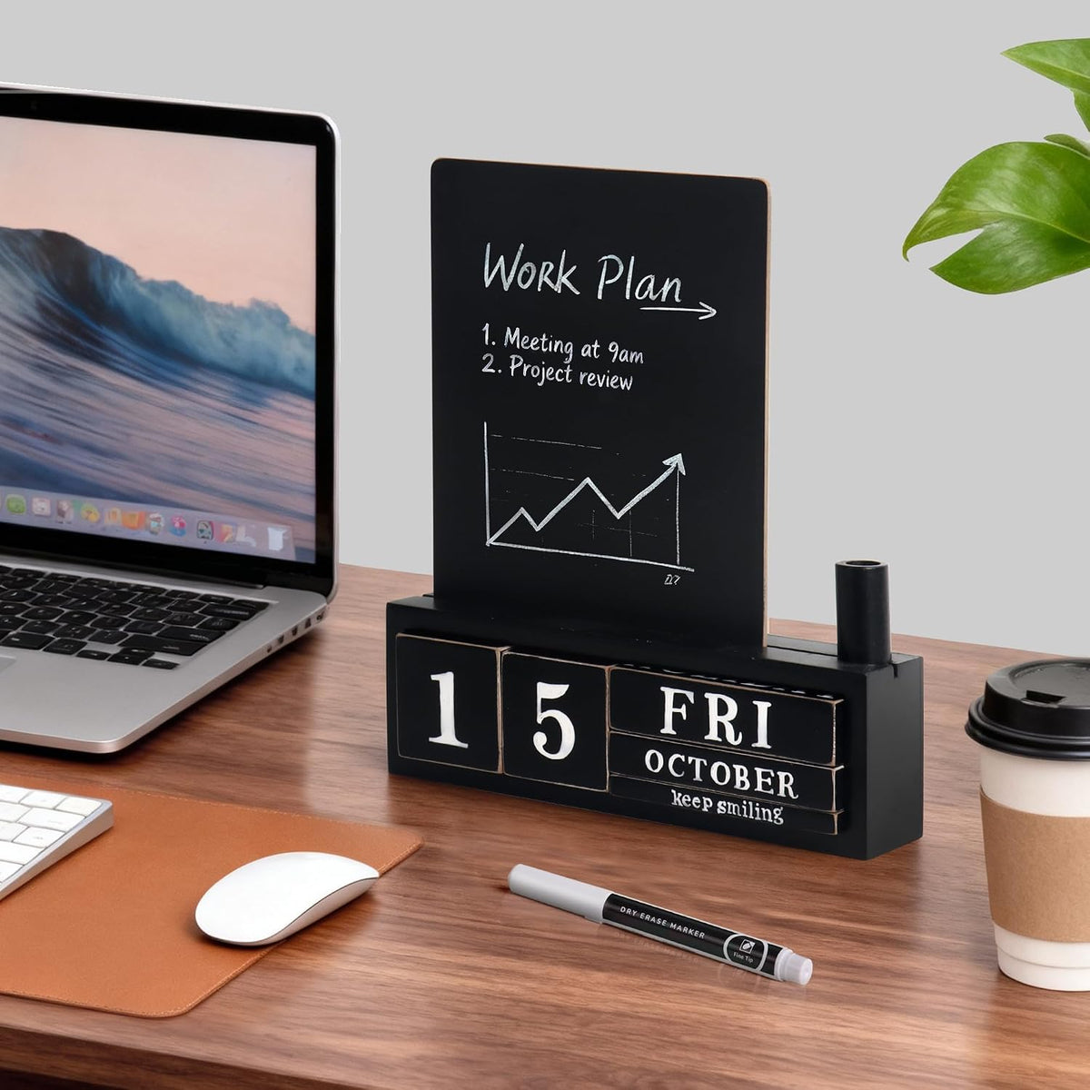 Wooden Block Desk Calendar with Dry Erase White Board, Brown