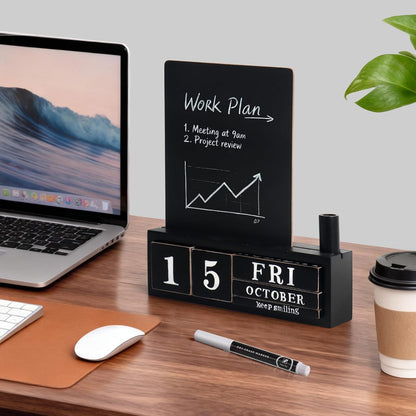 Wooden Block Desk Calendar with Dry Erase White Board, Brown