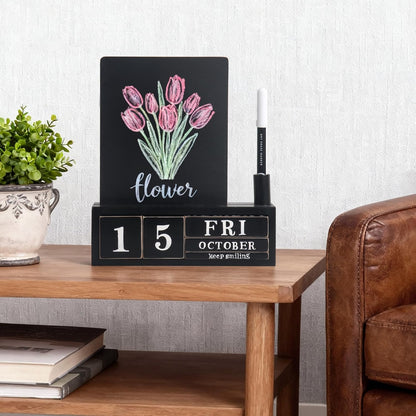 Wooden Block Desk Calendar with Dry Erase White Board, Brown