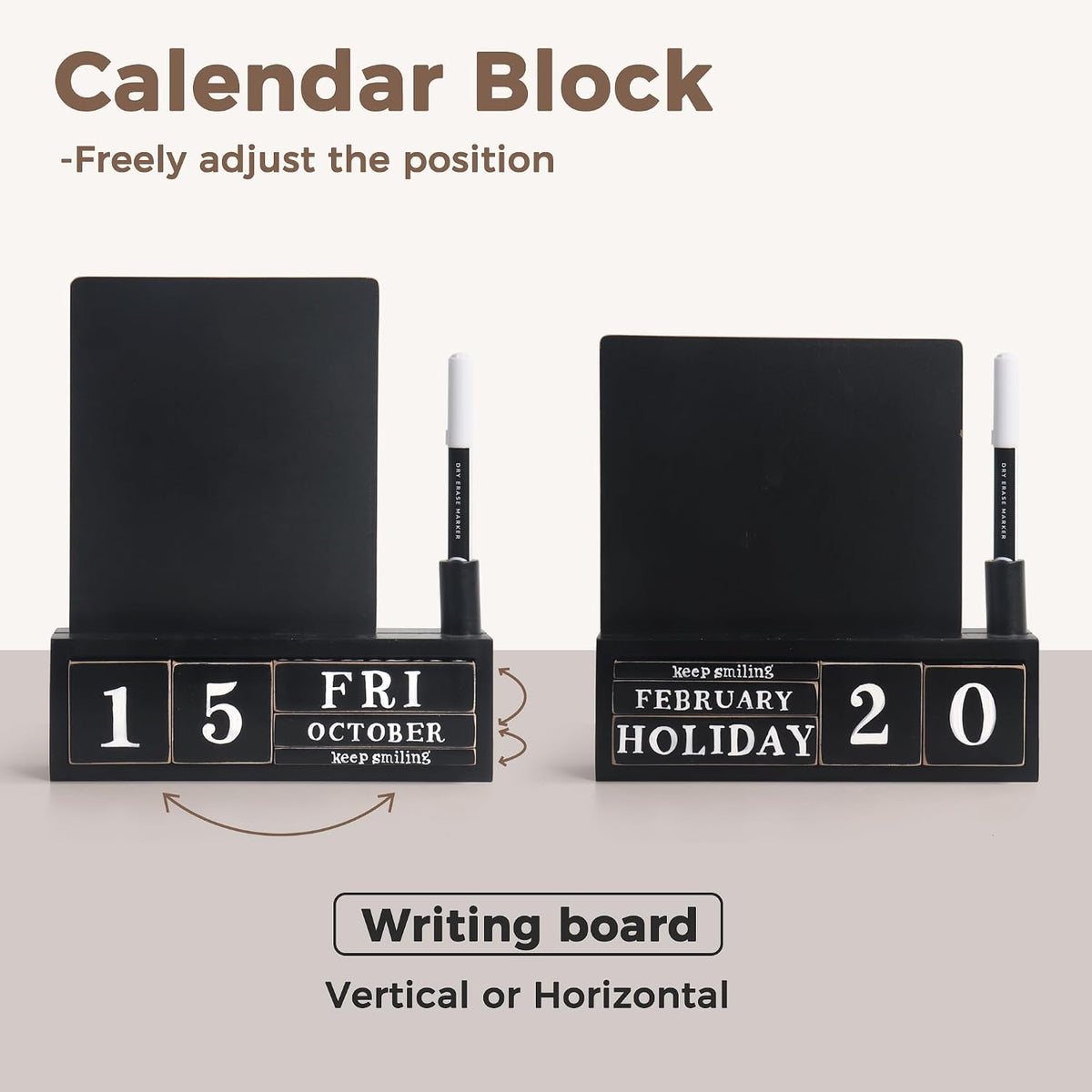 Wooden Block Desk Calendar with Dry Erase White Board, Brown