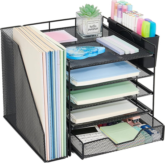 5-Tier Desk File Organizer with Drawer & Pen Holder (Black)