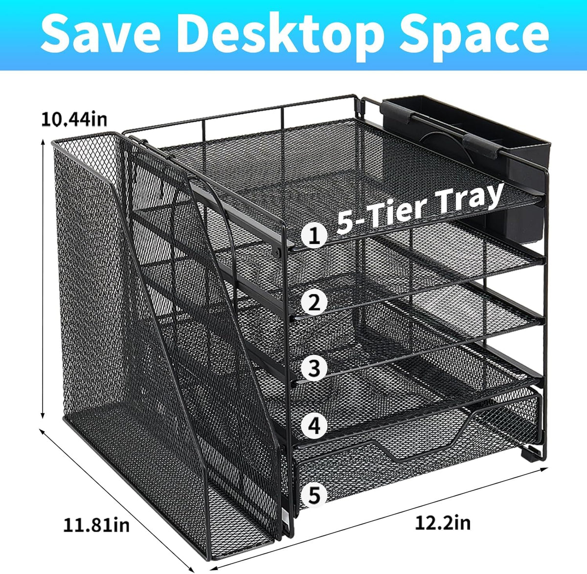 5-Tier Desk File Organizer with Drawer & Pen Holder (Black)
