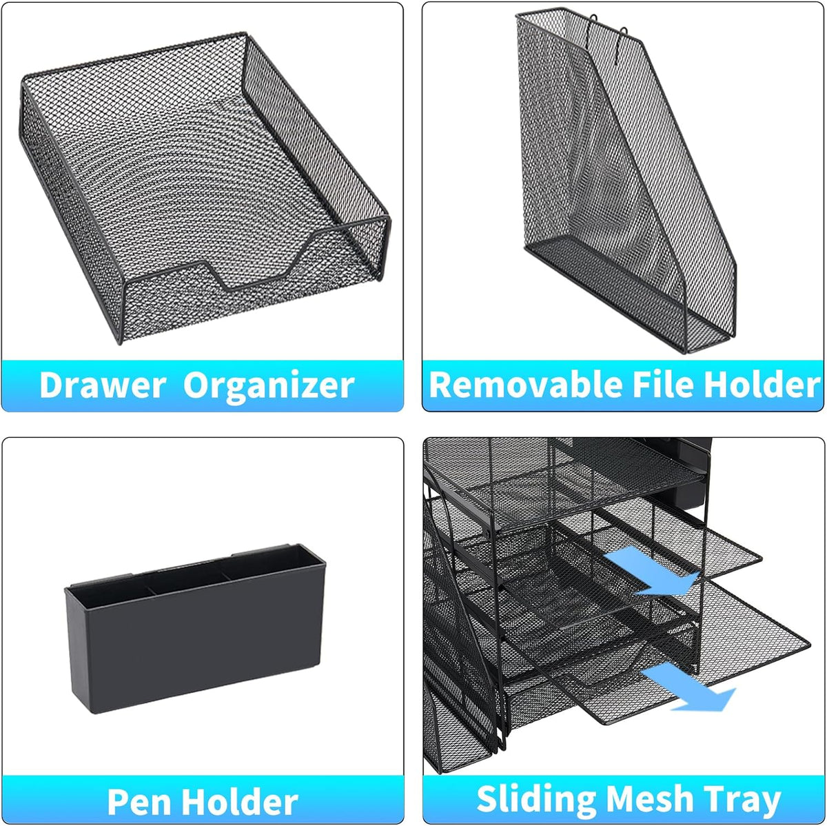 5-Tier Desk File Organizer with Drawer & Pen Holder (Black)