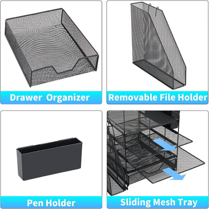 5-Tier Desk File Organizer with Drawer & Pen Holder (Black)