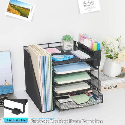 5-Tier Desk File Organizer with Drawer & Pen Holder (Black)