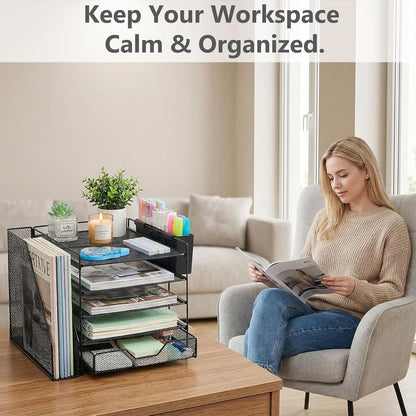 5-Tier Desk File Organizer with Drawer & Pen Holder (Black)