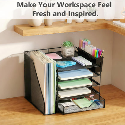 5-Tier Desk File Organizer with Drawer & Pen Holder (Black)