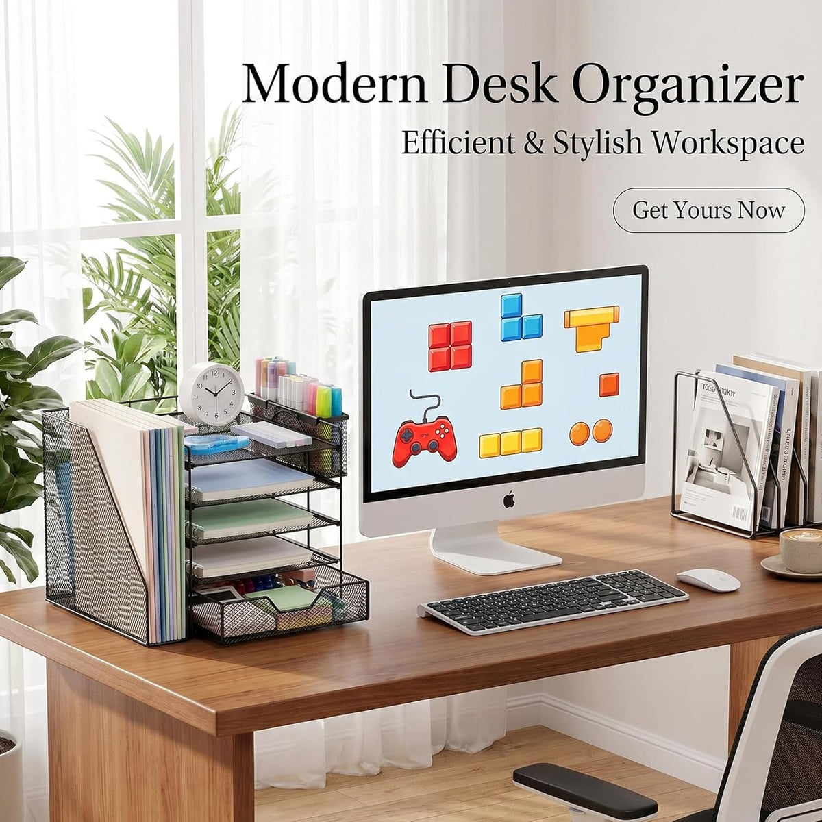 5-Tier Desk File Organizer with Drawer & Pen Holder (Black)