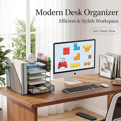 5-Tier Desk File Organizer with Drawer & Pen Holder (Black)