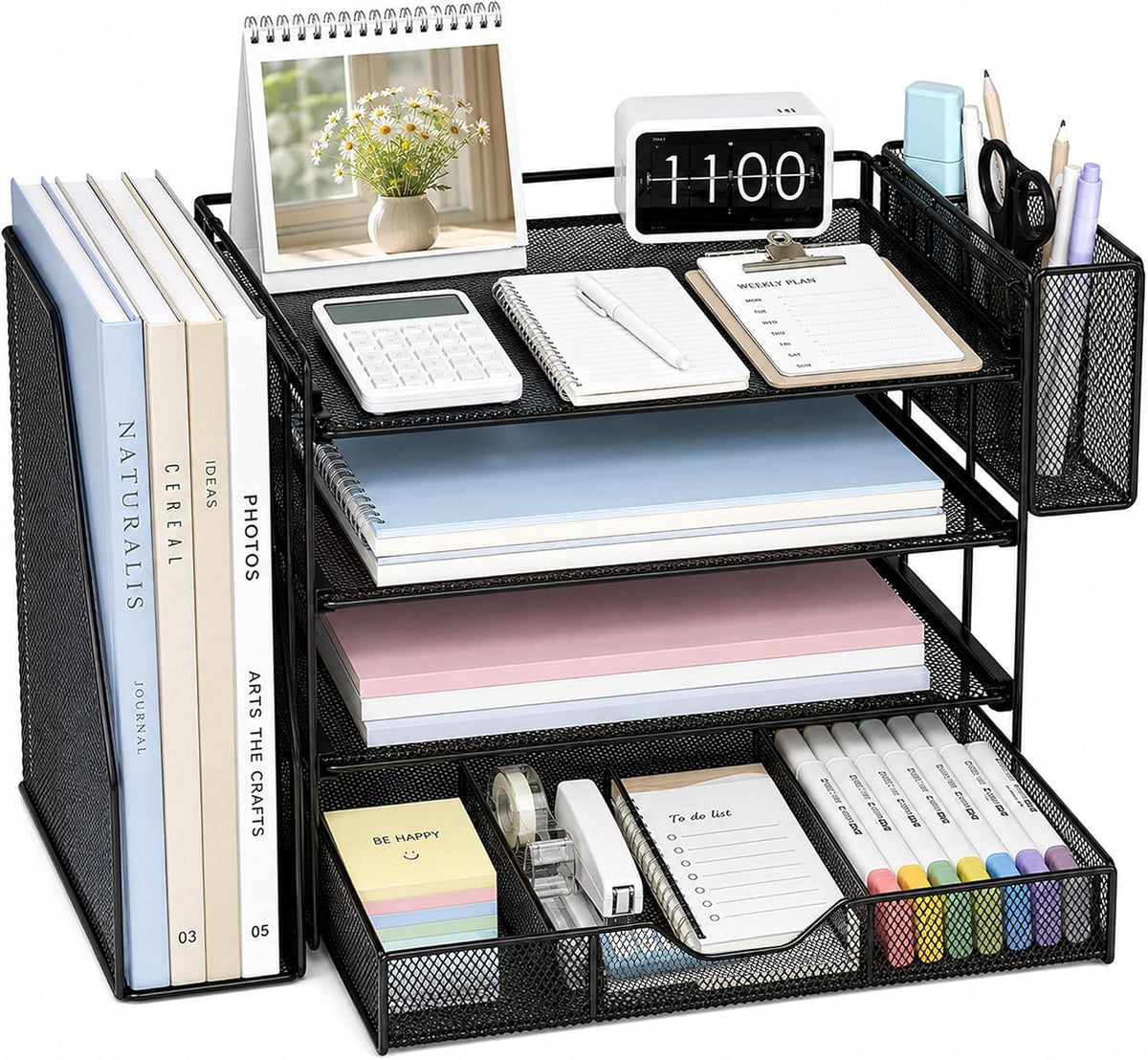 5-Tier Desk File Organizer with Drawer & Pen Holder (Black)
