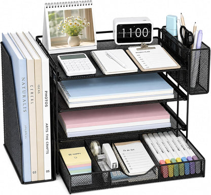 5-Tier Desk File Organizer with Drawer & Pen Holder (Black)