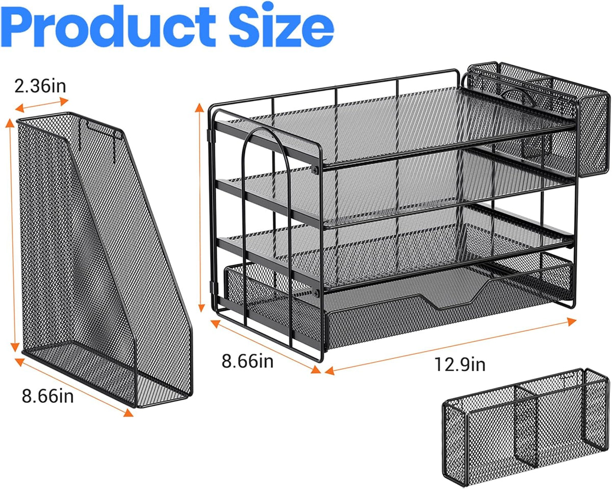5-Tier Desk File Organizer with Drawer & Pen Holder (Black)