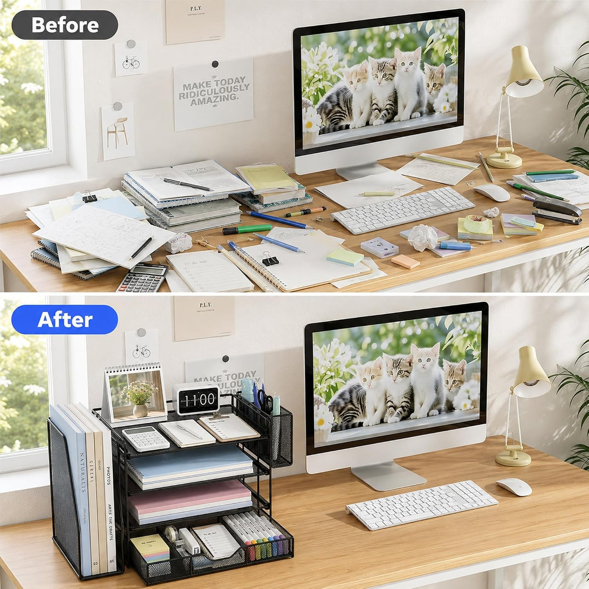 5-Tier Desk File Organizer with Drawer & Pen Holder (Black)