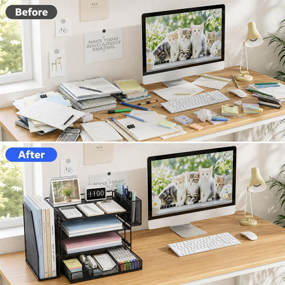 5-Tier Desk File Organizer with Drawer & Pen Holder (Black)