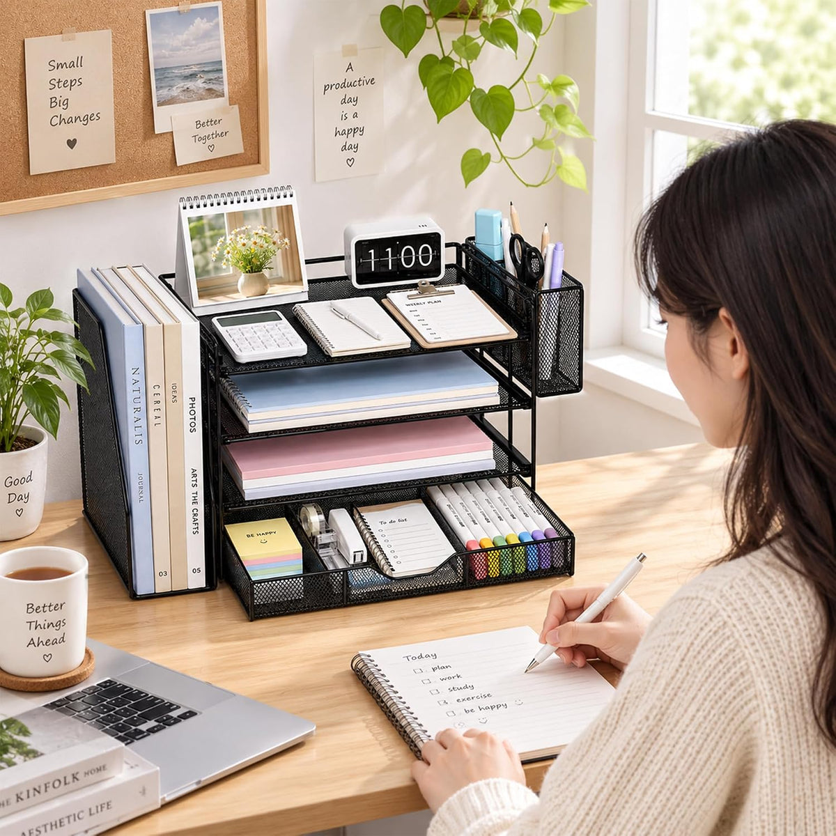 5-Tier Desk File Organizer with Drawer & Pen Holder (Black)