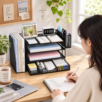5-Tier Desk File Organizer with Drawer & Pen Holder (Black)