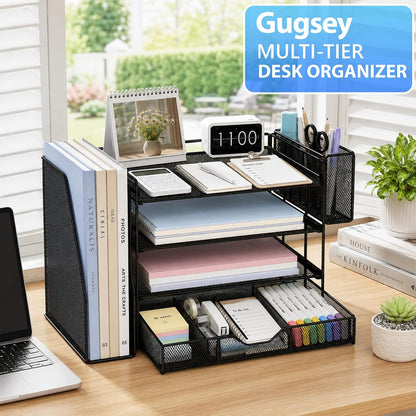 5-Tier Desk File Organizer with Drawer & Pen Holder (Black)
