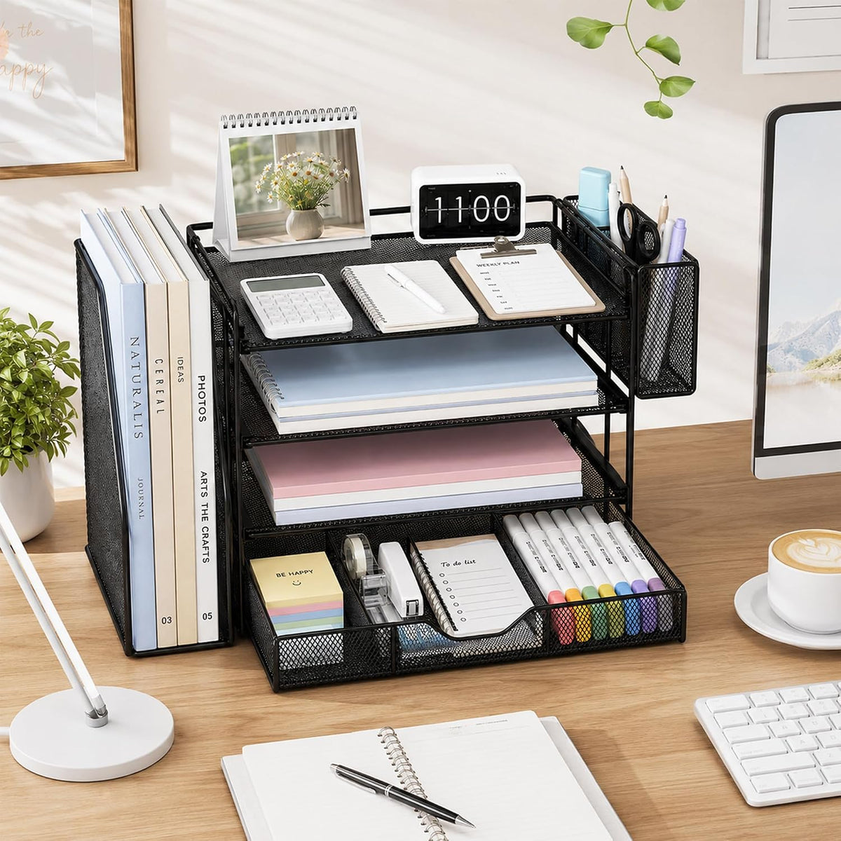 5-Tier Desk File Organizer with Drawer & Pen Holder (Black)