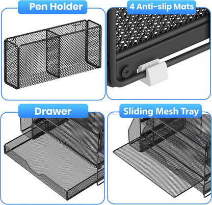 5-Tier Desk File Organizer with Drawer & Pen Holder (Black)