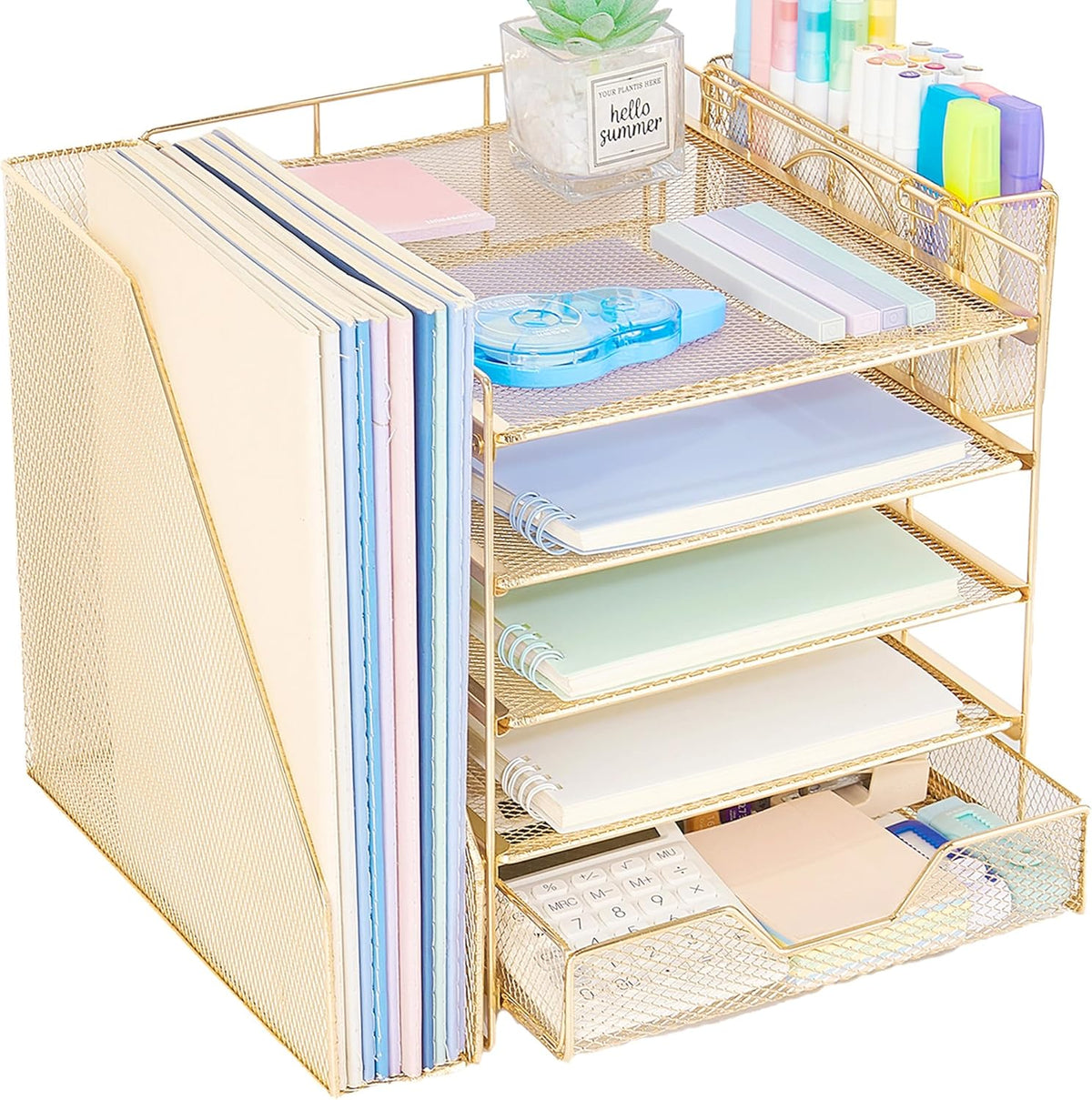 5-Tier Desk File Organizer with Drawer & Pen Holder (Black)