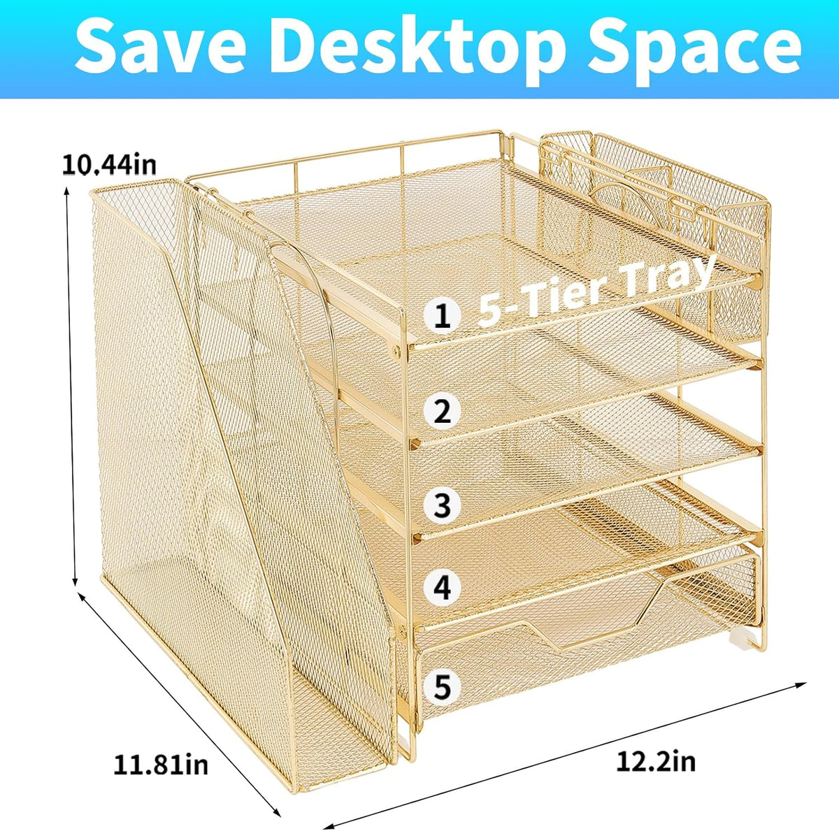 5-Tier Desk File Organizer with Drawer & Pen Holder (Black)