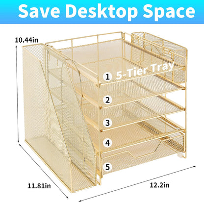 5-Tier Desk File Organizer with Drawer & Pen Holder (Black)