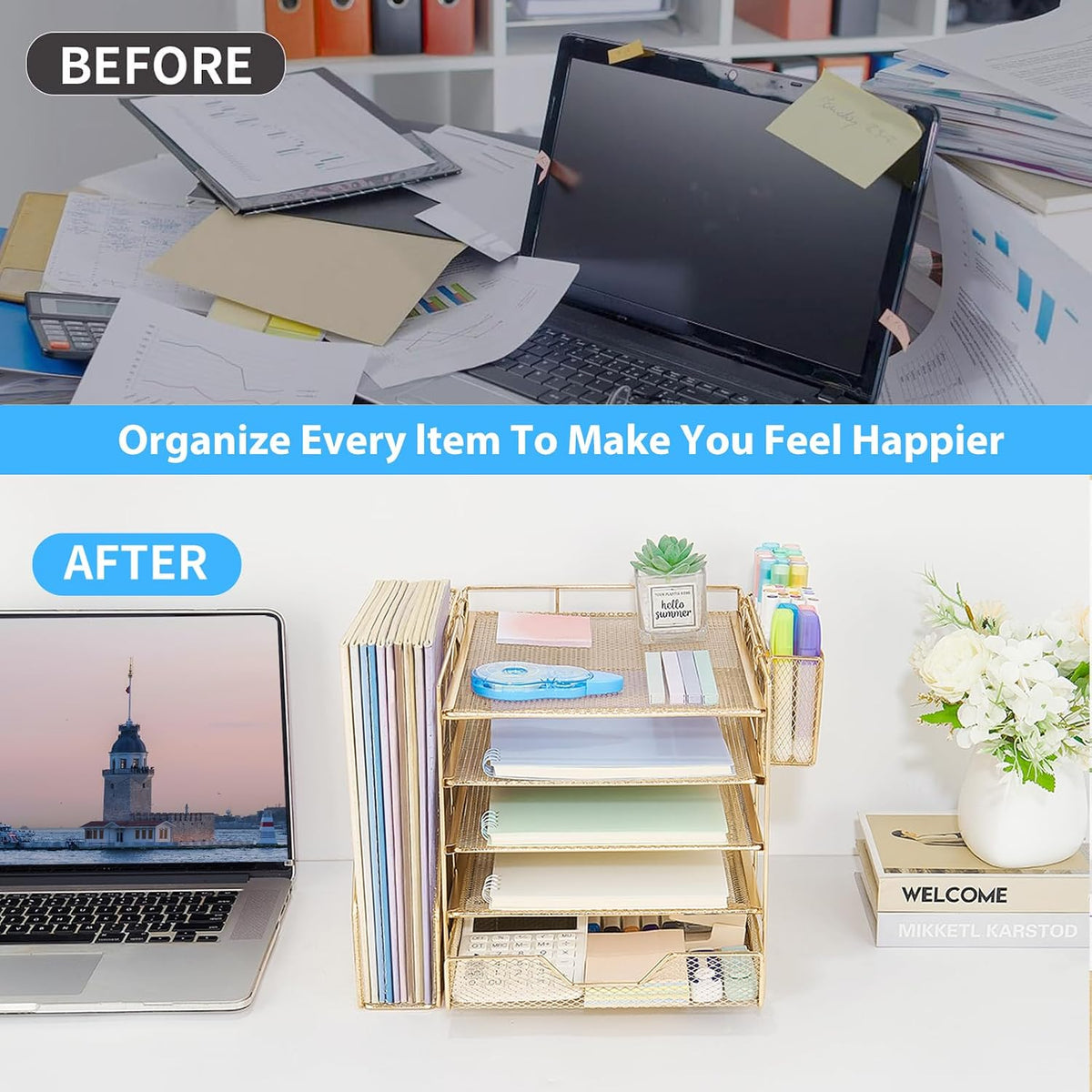5-Tier Desk File Organizer with Drawer & Pen Holder (Black)